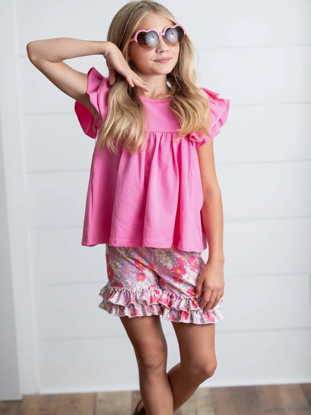 Adorable Sweetness Kids Sophia Pink Floral Spring Summer Ruffle Short Set